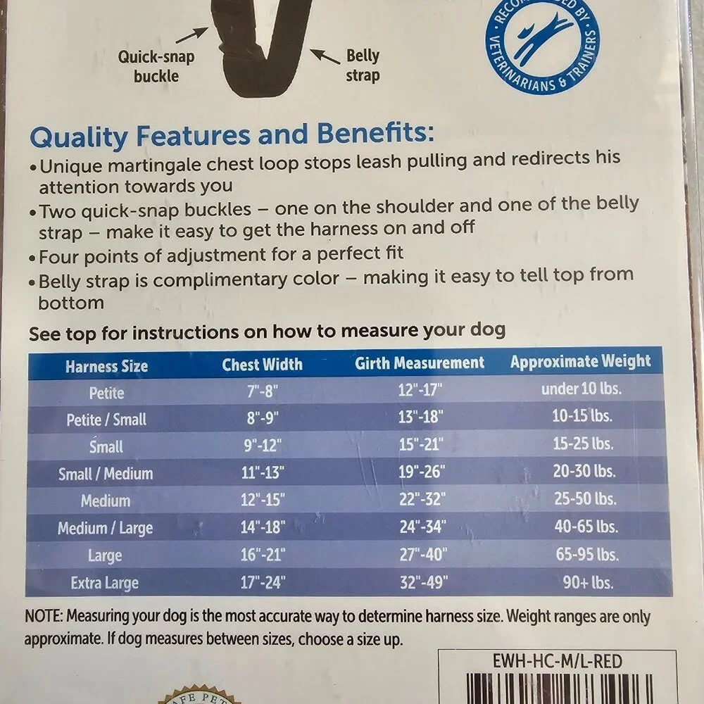 NIB PetSafe Easy Walk No Pull Dog Harness Red/Black Size Med/Large 40 to 65 lbs